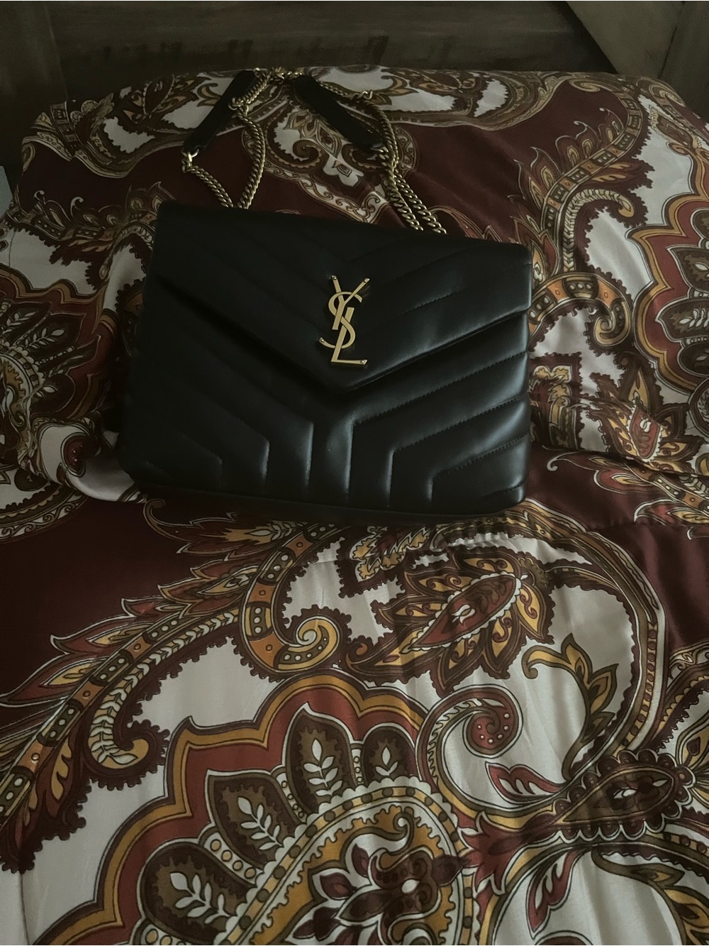 Saint Laurent Black Chevron Quilted Leather Shoulder Bag with Gold YSL